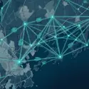 A technical visualization of a Maine coastal map overlaid with a complex API network grid, representing high-end WordPress engineering and local development expertise.