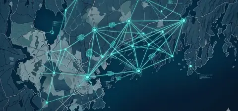 A technical visualization of a Maine coastal map overlaid with a complex API network grid, representing high-end WordPress engineering and local development expertise.