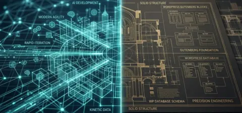 A split-screen visual comparing a glowing AI-generated web prototype with a structured WordPress Gutenberg architectural blueprint, illustrating the difference between rapid AI prototyping and sustainable web engineering in Maine.