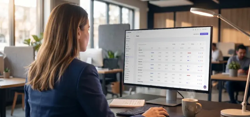A busy professional using a laptop to manage complex projects and Gantt charts on the Kinata.app dashboard, demonstrating the high-performance React UI and agency management features built by Seismic Pixels.