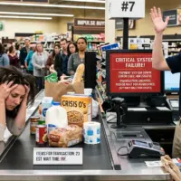 Checkout with exasperated customer and clerk - representing Magento 2 cart bugs