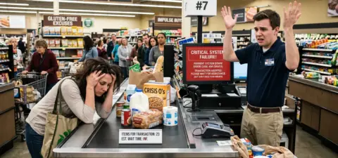 Checkout with exasperated customer and clerk - representing Magento 2 cart bugs