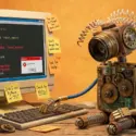 A quirky robot sitting at his computer, struggling to write code.