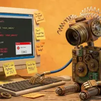 A quirky robot sitting at his computer, struggling to write code.