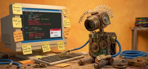 A quirky robot sitting at his computer, struggling to write code.