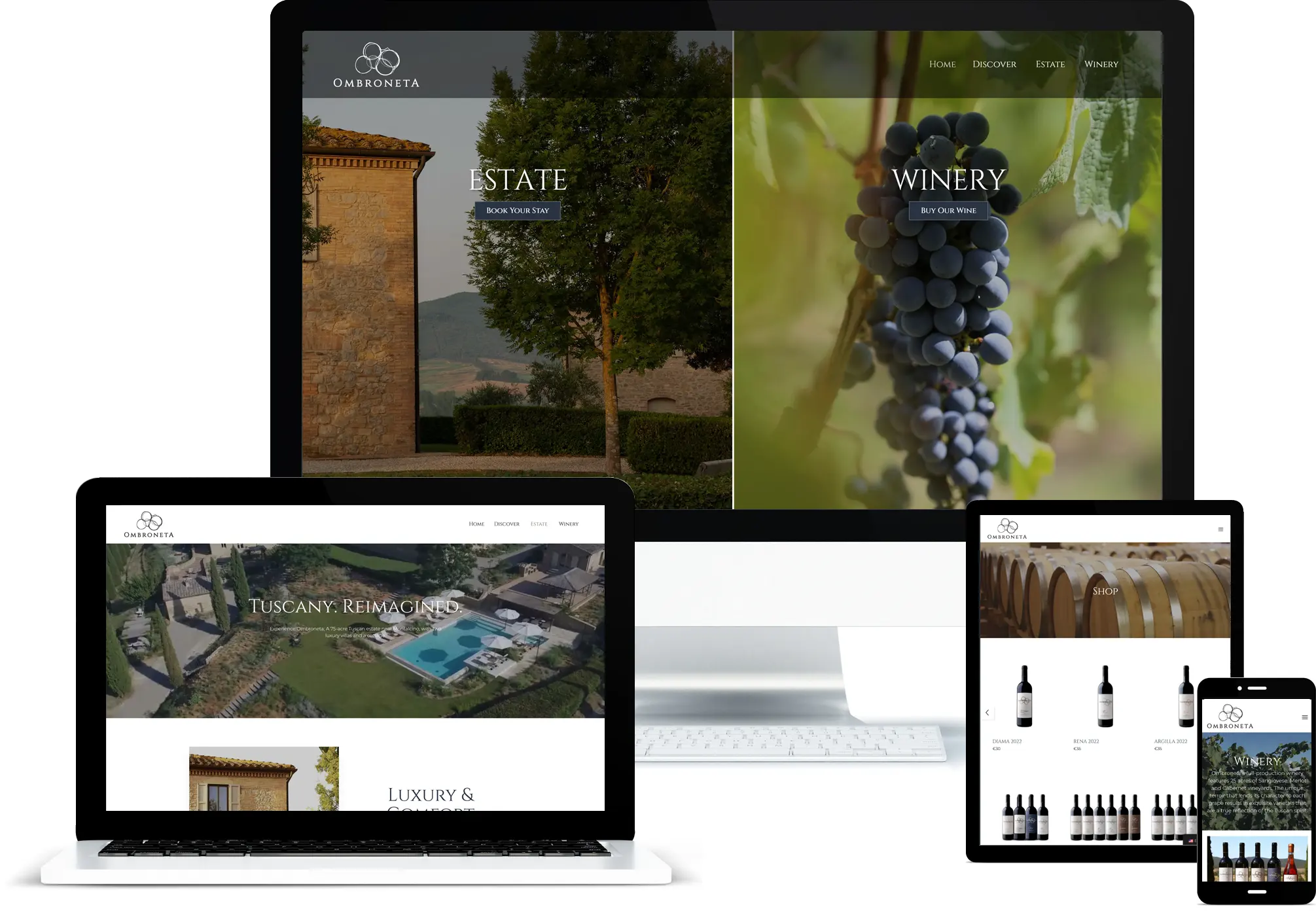 A responsive design showcase of the Ombroneta website displayed across a desktop monitor, laptop, tablet, and smartphone, demonstrating the fluid, high-fidelity user experience across all device tiers.