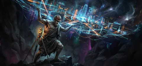 A mythological figure, Atlas, holding up a stylized, interconnected digital landscape representing the resilient web application infrastructure architected by Seismic Pixels.