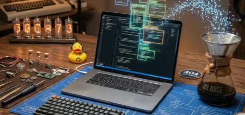 A top-down view of a high-end developer's workbench featuring a laptop with glowing code, precision engineering tools, and a coffee carafé, representing the architectural craftsmanship of Seismic Pixels' case studies.
