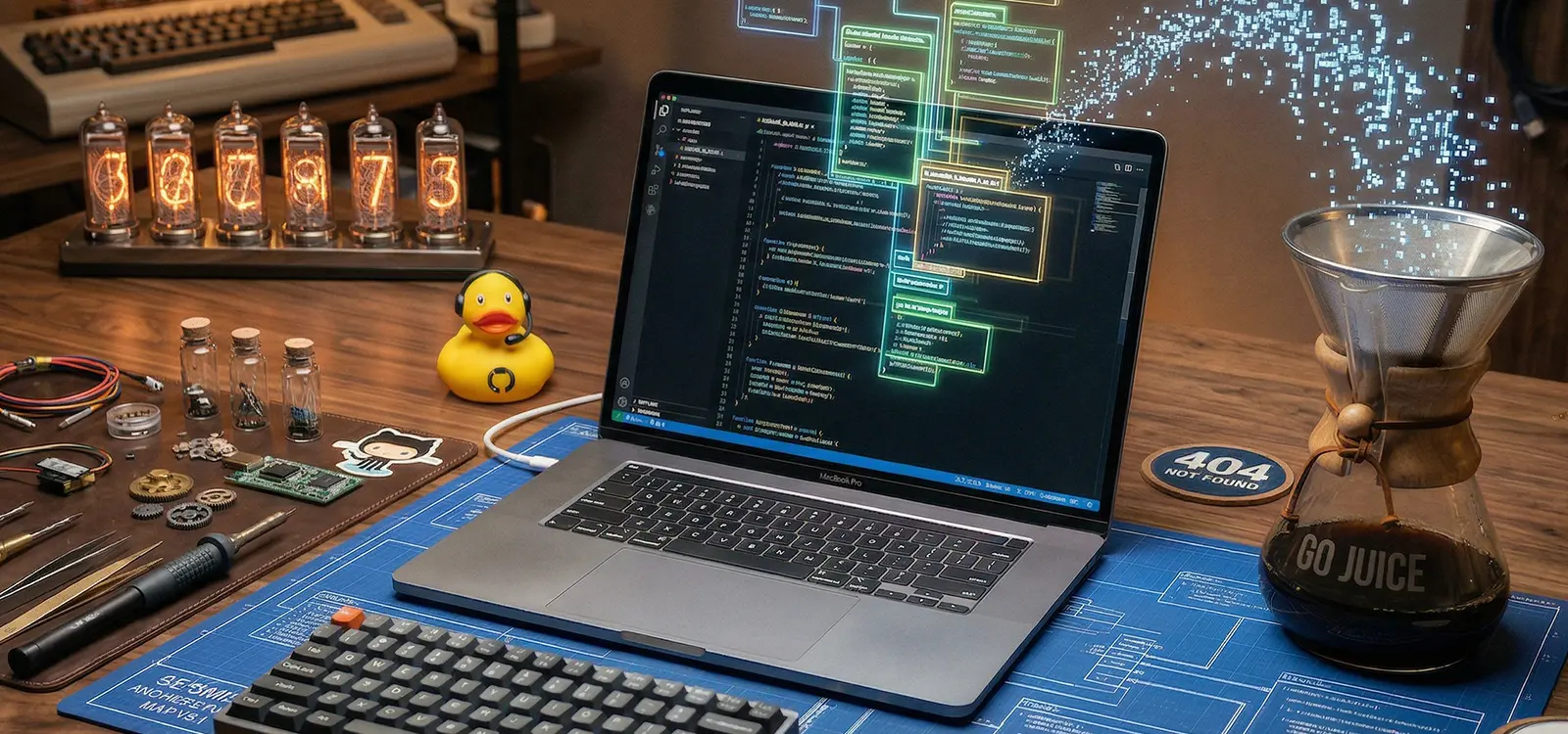 A top-down view of a high-end developer's workbench featuring a laptop with glowing code, precision engineering tools, and a coffee carafé, representing the architectural craftsmanship of Seismic Pixels' case studies.