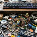 A cluttered developer's junk drawer filled with tangled cables, old plugins, and unindexed data, symbolizing the technical debt of legacy WordPress ACF implementations.