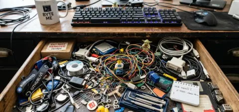 A cluttered developer's junk drawer filled with tangled cables, old plugins, and unindexed data, symbolizing the technical debt of legacy WordPress ACF implementations.