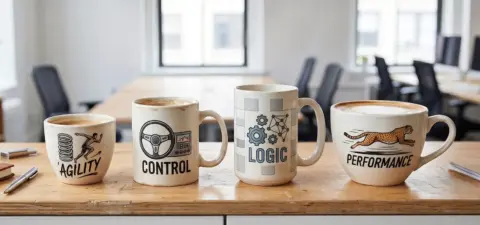 4 coffee mugs - Agility, Control, Logic & Performance - e-commerce options