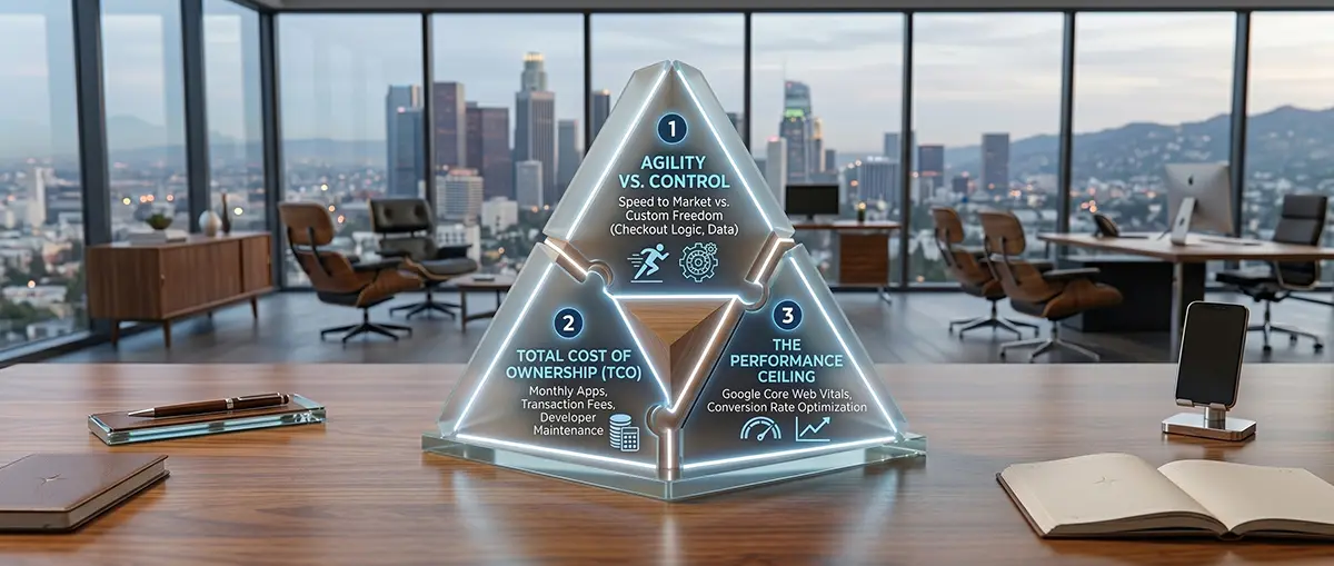 Strategic triangle for e-commerce platform selection: Agility, TCO, and Performance.